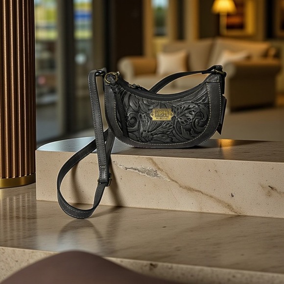 B.O.C. Crossbody Bag Purse Charcoal Embossed Floral Adjustable Strap Womens - Picture 1 of 10